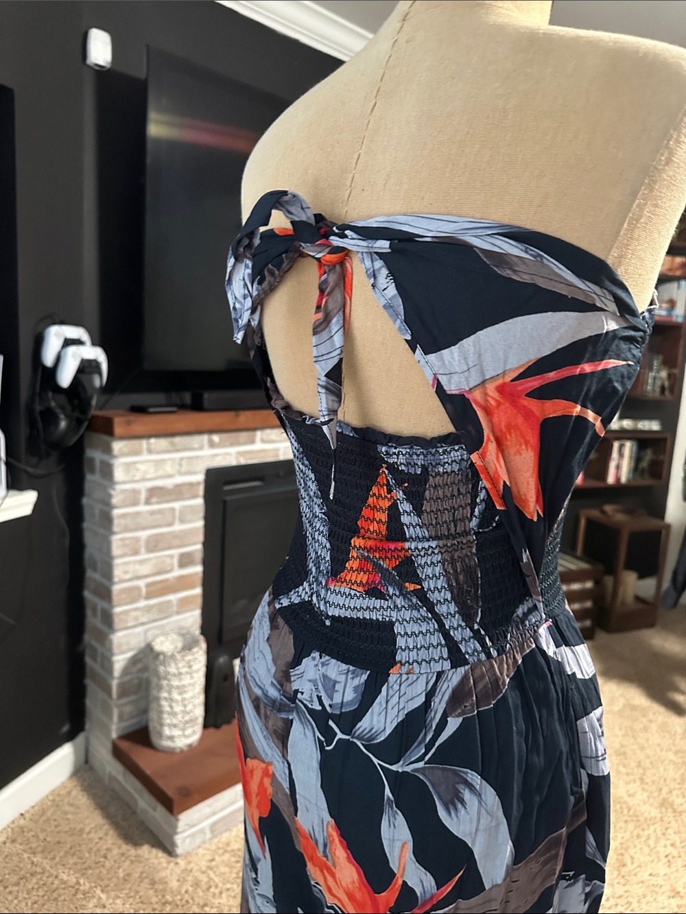 Strapless Black Floral Maxi Dress with Orange Accents - Picture 3 of 4